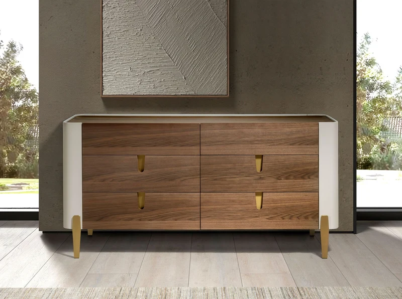 Cassettiera in legno beige, acciaio lucido dorato e piano in noce