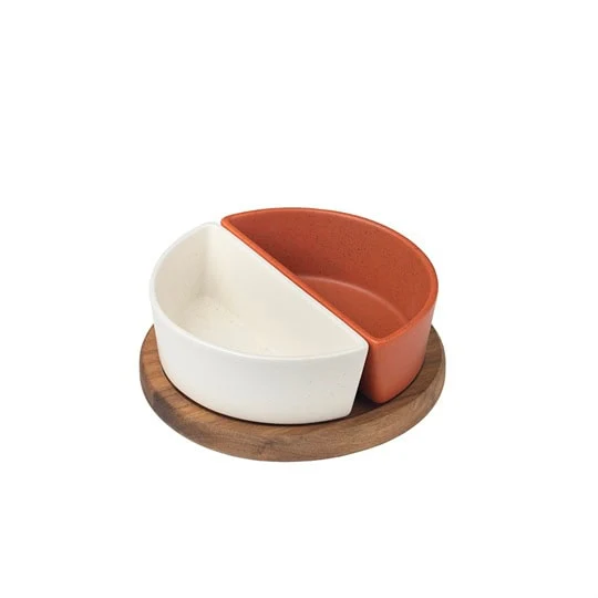 Set 2 ciotole 9 x 18 x 6 cm con supporto in legno Ø 20 cm