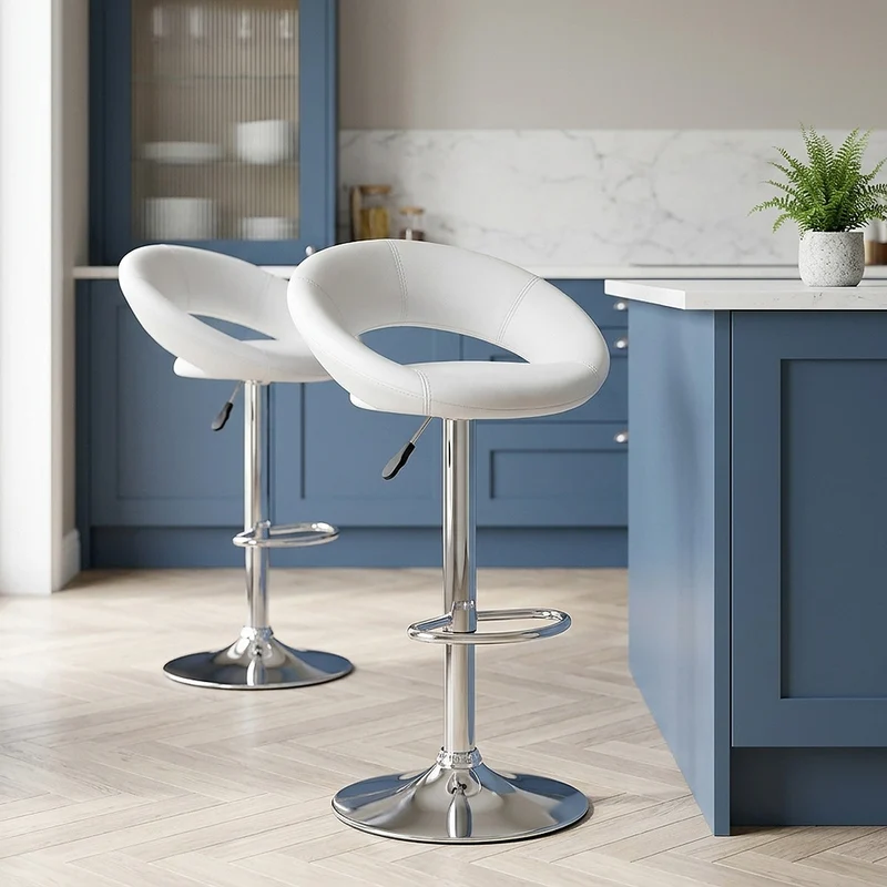 Sgabello Ecopelle Cromato - Crescent Imbottito Bianco