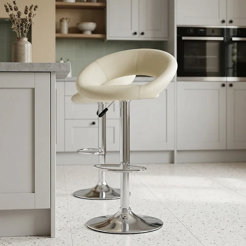 Sgabello Ecopelle Cromato - Crescent Imbottito Crema