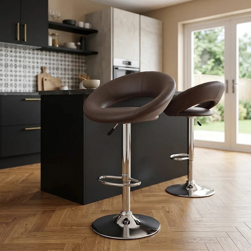 Sgabello Ecopelle Cromato - Crescent Imbottito Marrone