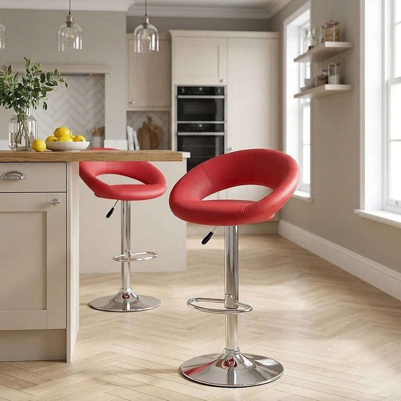Sgabello Ecopelle Cromato - Crescent Imbottito Rosso