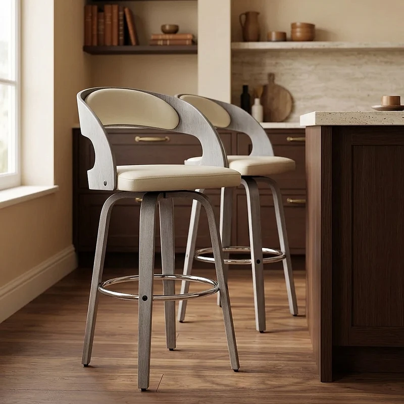 Sgabello Ecopelle Legno Grigio - Alicia Crema