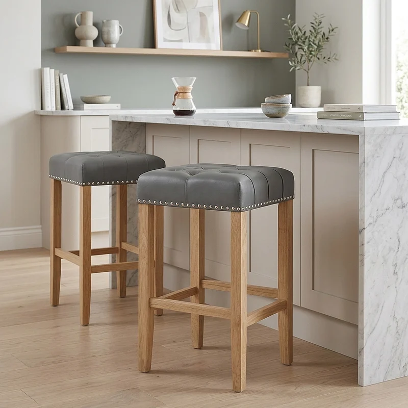 Sgabello Pelle Rigenerata Quercia - Chelsea Grigio