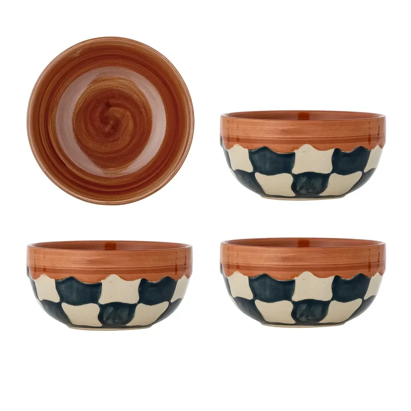 Schaal aardewerk blauw Check 14cm - set van 4