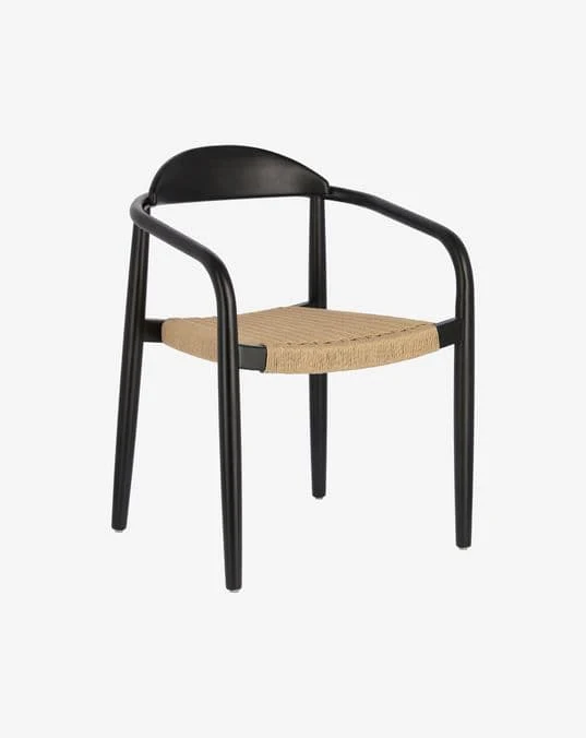 Sedia NINA in legno massello di eucalipto con finitura nera e corda beige