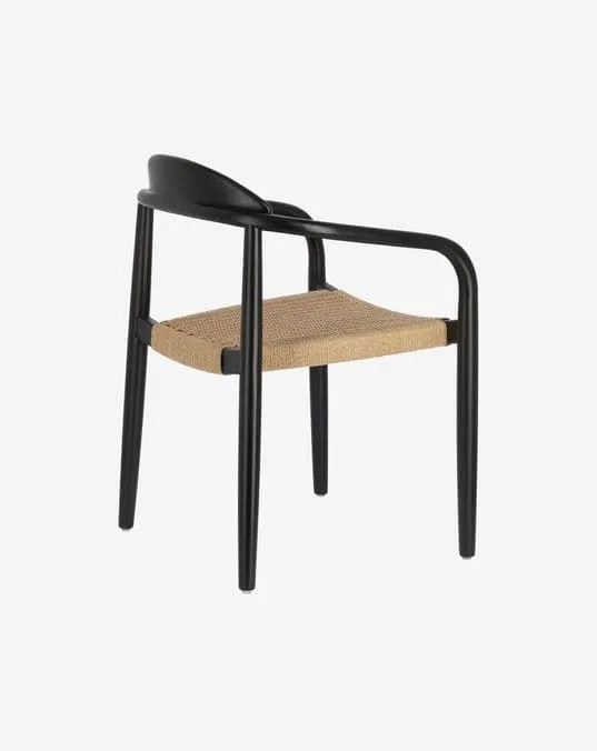 Sedia NINA in legno massello di eucalipto con finitura nera e corda beige