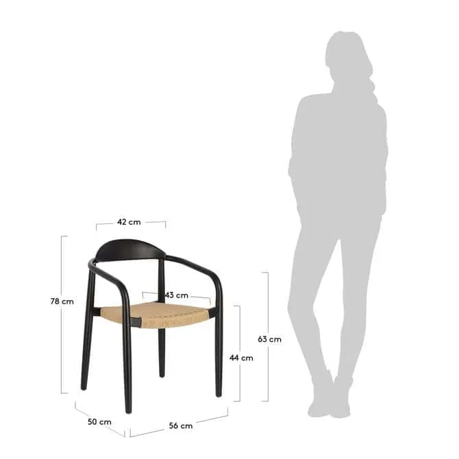 Sedia NINA in legno massello di eucalipto con finitura nera e corda beige