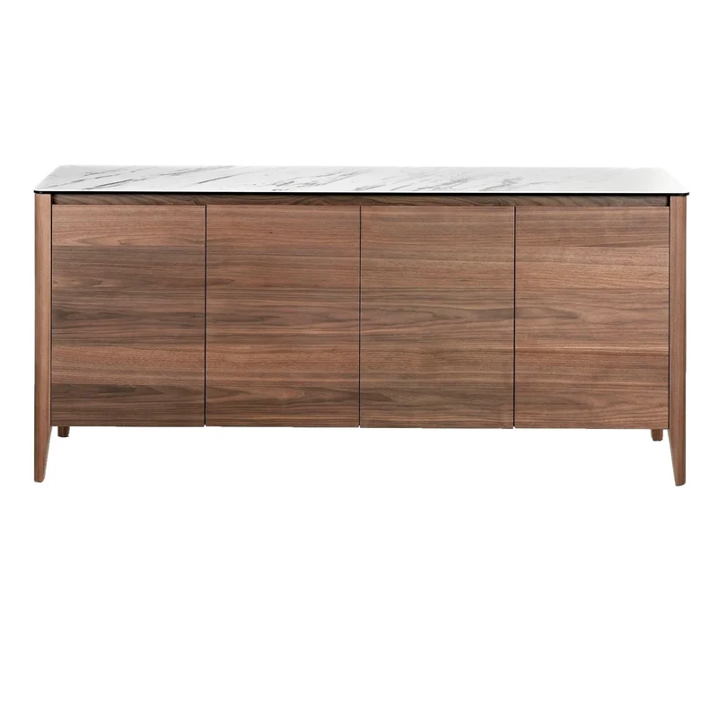 Credenza in noce con piano in vetro a imitazione del marmo