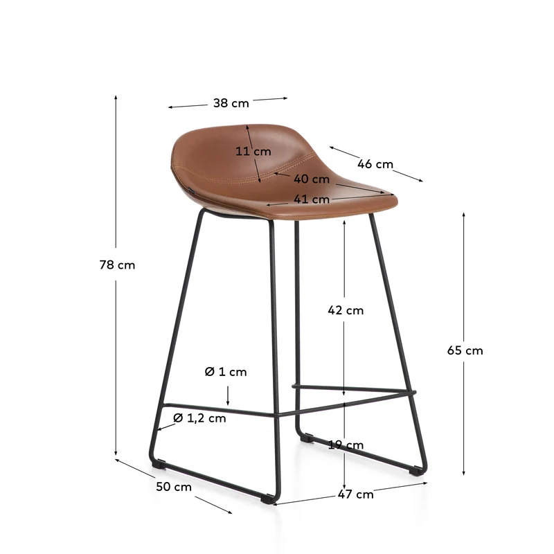 Hocker Zahara mit braunem Polyurethan und Stahlbeinen mit schwarzem Finish, 65 cm, FSC 100