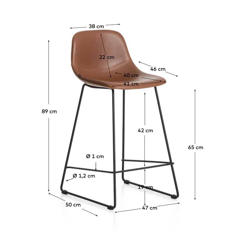 Hocker Zahara mit braunem Polyurethan und Stahlbeinen mit schwarzem Finish, 65 cm, FSC 100