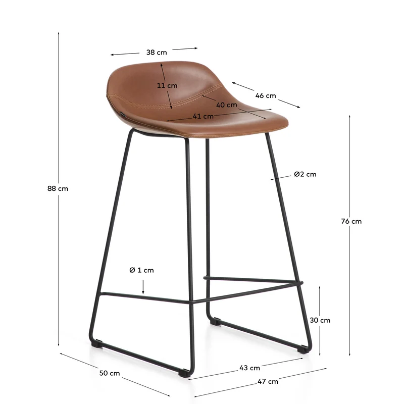 Hocker Zahara mit braunem Polyurethan und Stahlbeinen mit schwarzem Finish, 76 cm, FSC 100