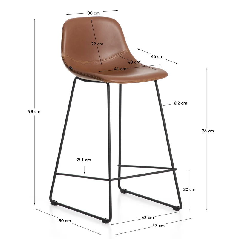 Hocker Zahara mit braunem Polyurethan und Stahlbeinen mit schwarzem Finish, 76 cm, FSC 100