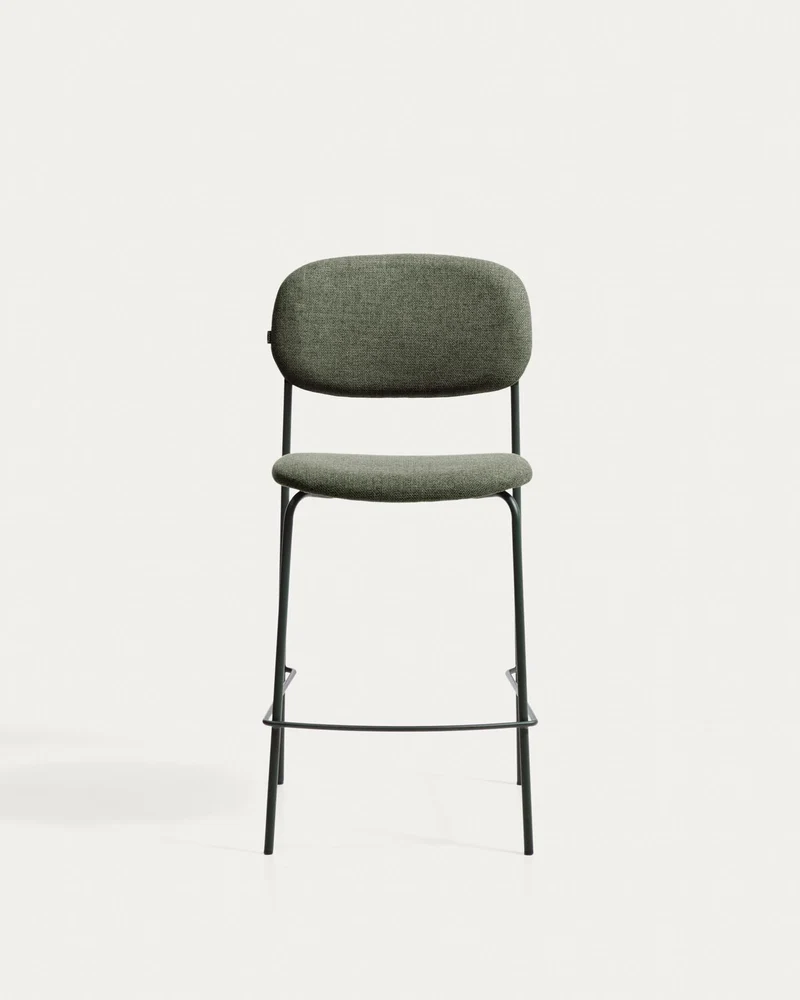 Stapelbarer Hocker Meli mit grüner Chenille und Beinen aus grünem Metall, FSC Mix Credit,