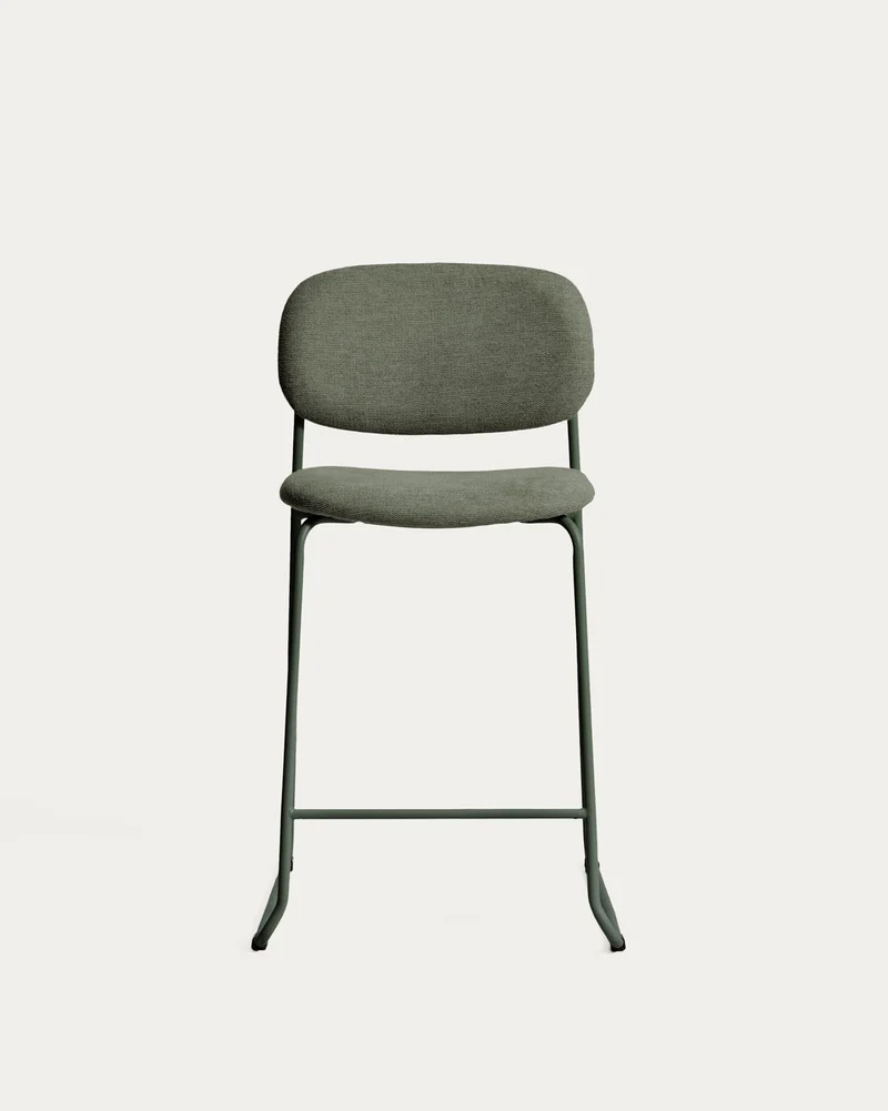 Stapelbarer Hocker Meli mit grüner Chenille und Beinen aus grünem Metall, FSC Mix Credit,