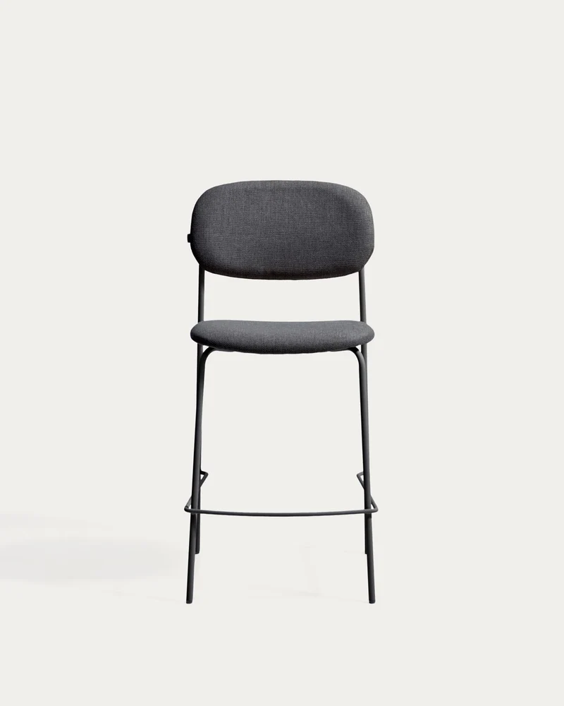 Stapelbarer Hocker Meli mit grauer Chenille und Beinen aus grauem Metall, FSC Mix Credit,