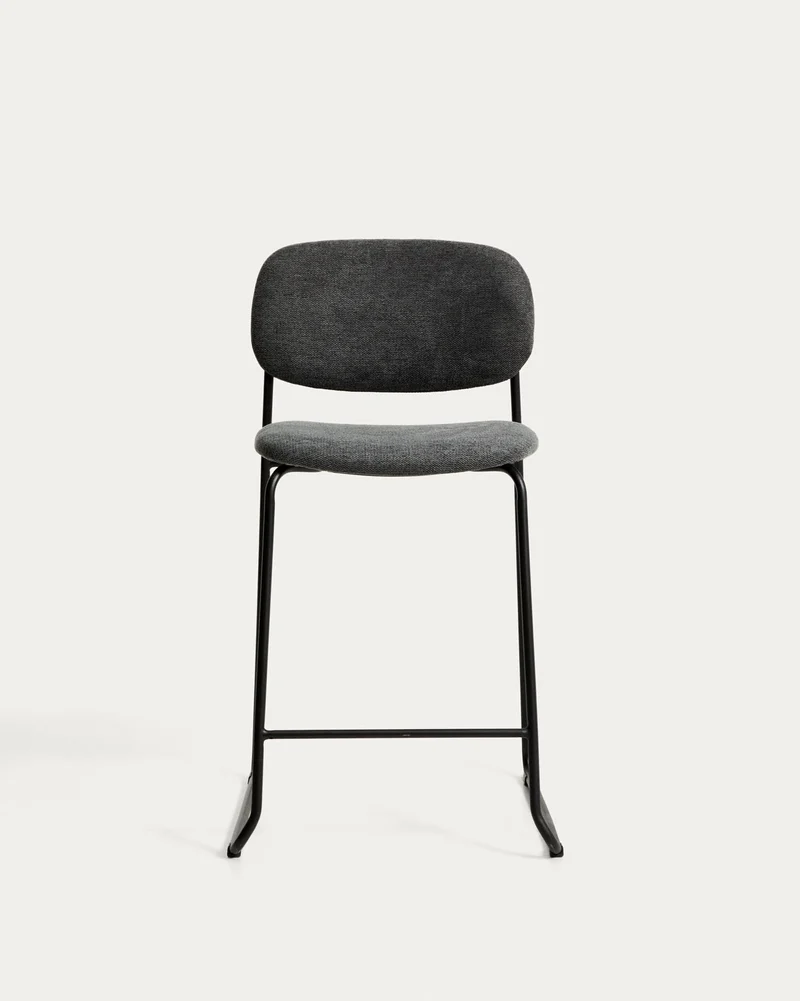 Stapelbarer Hocker Meli mit grauer Chenille und Beinen aus grauem Metall, FSC Mix Credit,