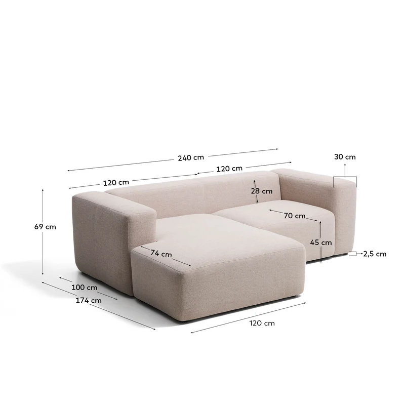 2-Sitzer-Sofa Blok mit Chaiselongue links in beiger Chenille, 240 cm, FSC Mix Credit