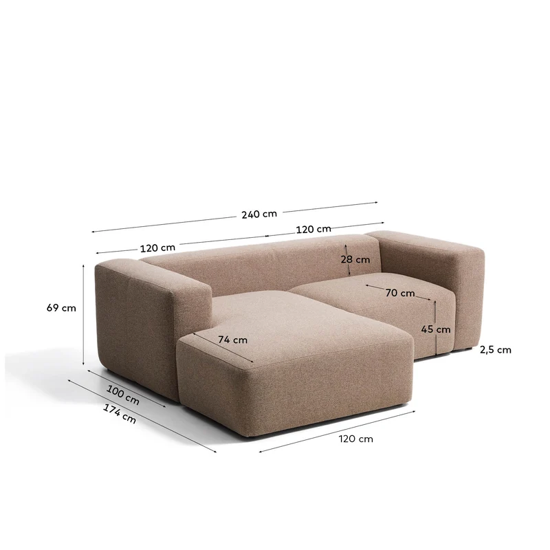 2-Sitzer-Sofa Blok mit Chaiselongue links in brauner Chenille, 240 cm, FSC Mix Credit