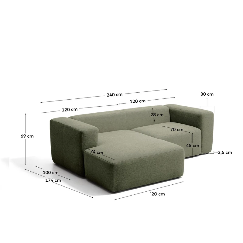 2-Sitzer-Sofa Blok mit Chaiselongue links in moosgrüner Chenille, 240 cm, FSC Mix Credit
