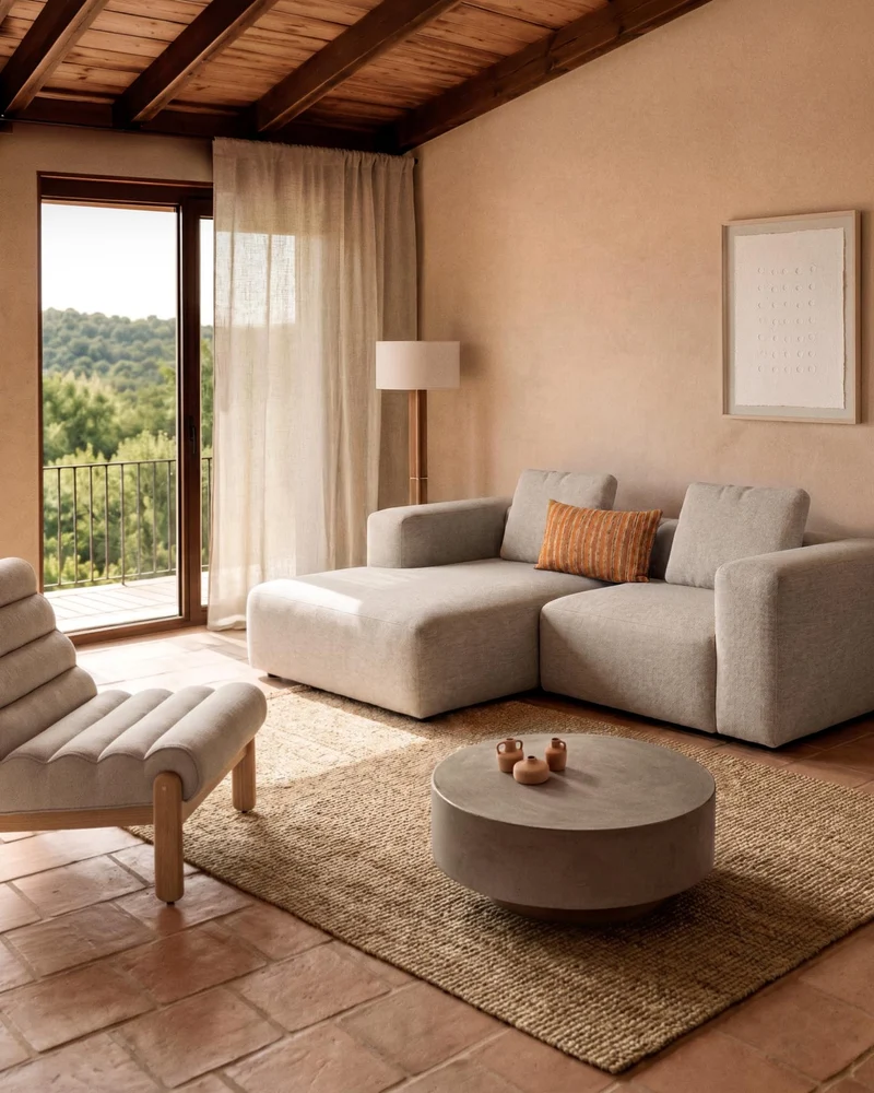 2-Sitzer-Sofa Blok mit Chaiselongue rechts in beiger Chenille, 240 cm, FSC Mix Credit