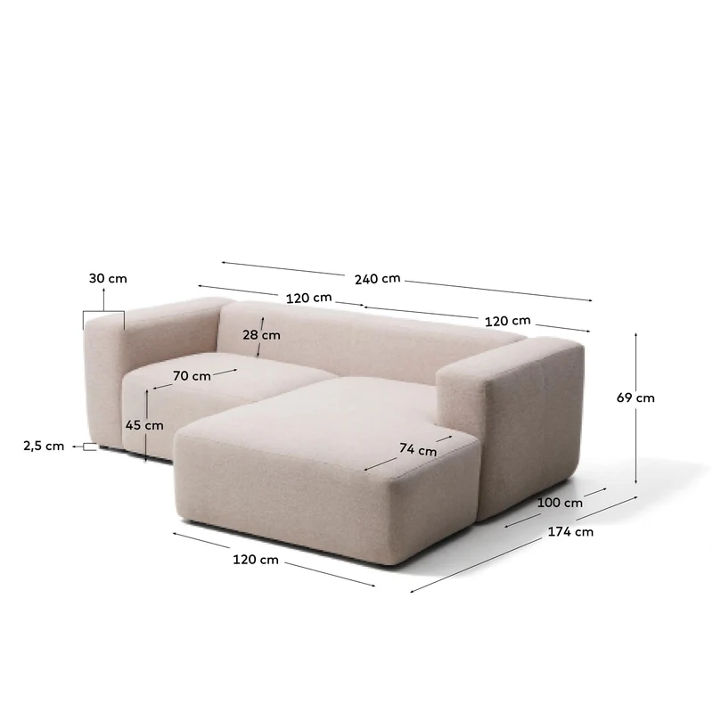 2-Sitzer-Sofa Blok mit Chaiselongue rechts in beiger Chenille, 240 cm, FSC Mix Credit