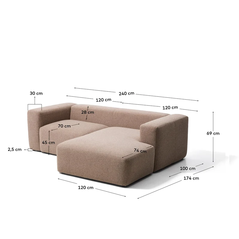 2-Sitzer-Sofa Blok mit Chaiselongue rechts in brauner Chenille, 240 cm, FSC Mix Credit