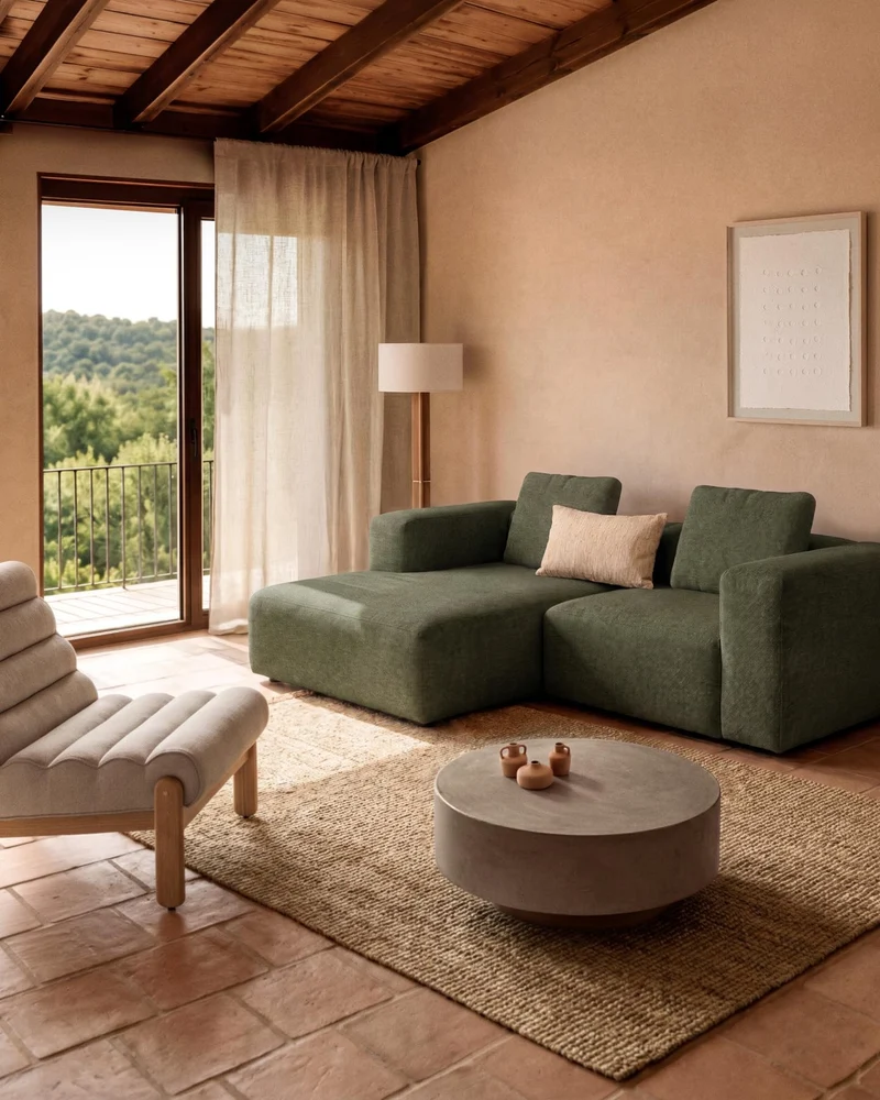 2-Sitzer-Sofa Blok mit Chaiselongue rechts in moosgrüner Chenille, 240 cm, FSC Mix Credit