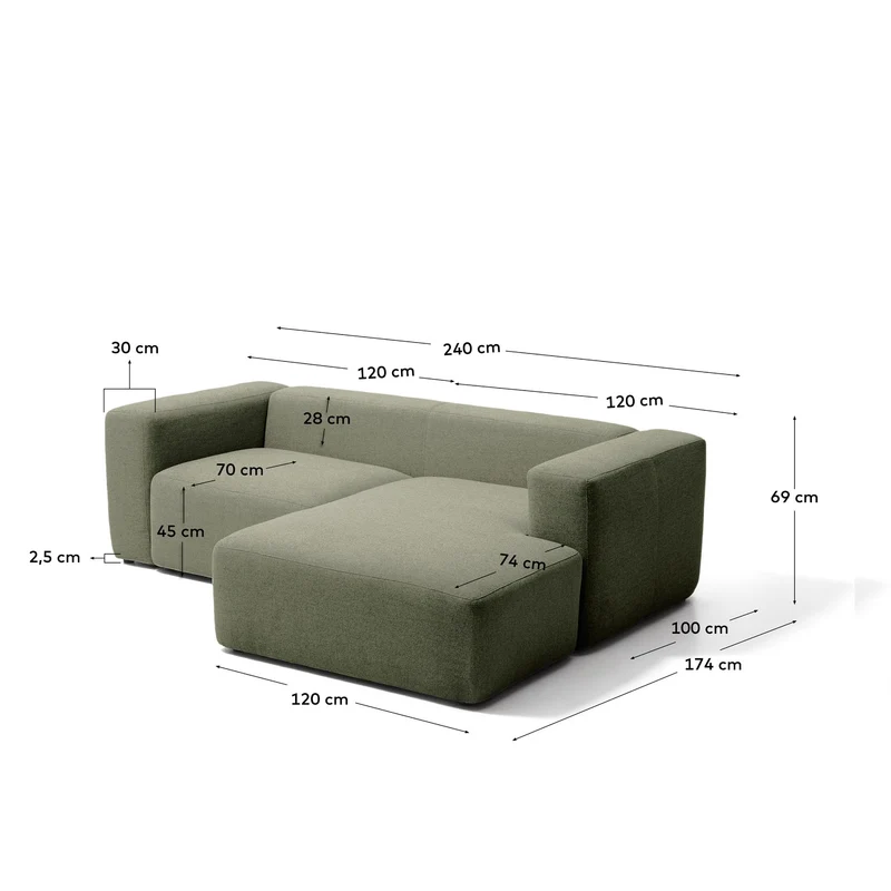 2-Sitzer-Sofa Blok mit Chaiselongue rechts in moosgrüner Chenille, 240 cm, FSC Mix Credit