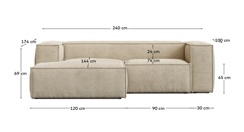2-Sitzer-Sofa Blok schwer entflammbar mit Chaiselongue links und dickem Cord in Ecru 240 c