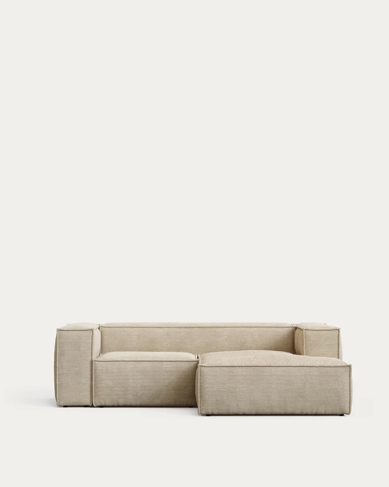 2-Sitzer-Sofa Blok schwer entflammbar mit Chaiselongue rechts und dickem Cord in Ecru 240