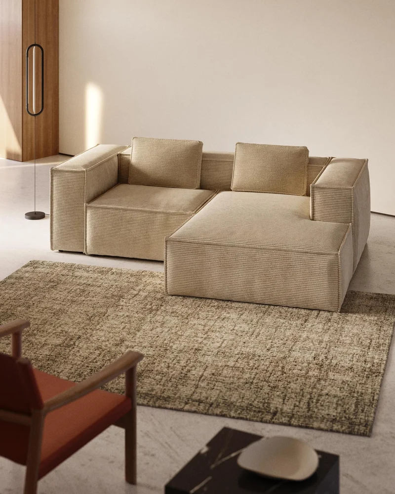 2-Sitzer-Sofa Blok schwer entflammbar mit Chaiselongue rechts und dickem Cord in Ecru 240