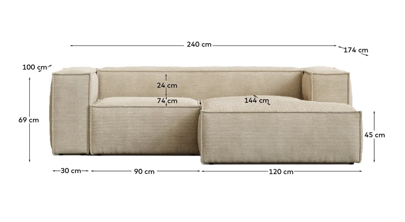 2-Sitzer-Sofa Blok schwer entflammbar mit Chaiselongue rechts und dickem Cord in Ecru 240