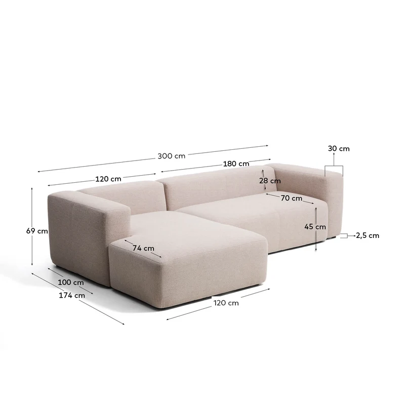 3-Sitzer-Sofa Blok mit Chaiselongue links in beiger Chenille, 300 cm, FSC Mix Credit