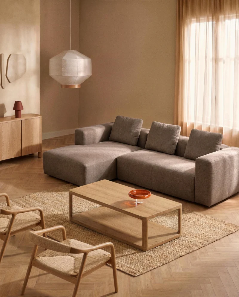 3-Sitzer-Sofa Blok mit Chaiselongue links in brauner Chenille, 300 cm, FSC Mix Credit