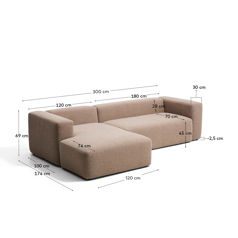 3-Sitzer-Sofa Blok mit Chaiselongue links in brauner Chenille, 300 cm, FSC Mix Credit