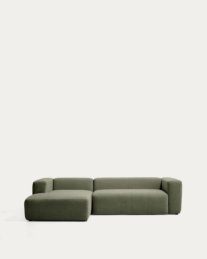 3-Sitzer-Sofa Blok mit Chaiselongue links in moosgrüner Chenille, 300 cm, FSC Mix Credit