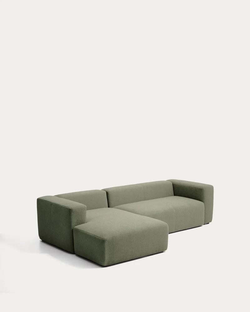 3-Sitzer-Sofa Blok mit Chaiselongue links in moosgrüner Chenille, 300 cm, FSC Mix Credit