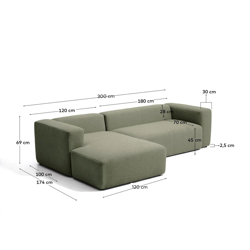 3-Sitzer-Sofa Blok mit Chaiselongue links in moosgrüner Chenille, 300 cm, FSC Mix Credit