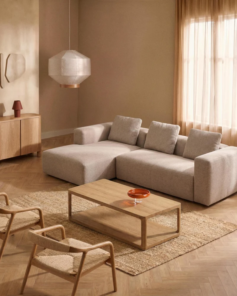 3-Sitzer-Sofa Blok mit Chaiselongue rechts in beiger Chenille, 300 cm, FSC Mix Credit