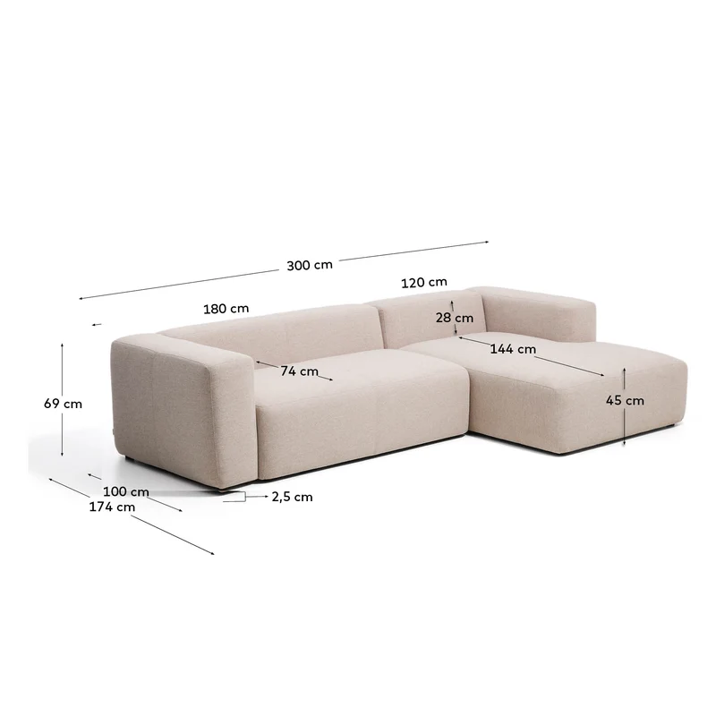 3-Sitzer-Sofa Blok mit Chaiselongue rechts in beiger Chenille, 300 cm, FSC Mix Credit