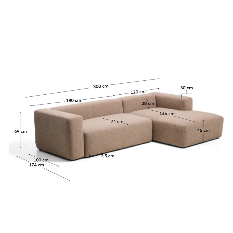 3-Sitzer-Sofa Blok mit Chaiselongue rechts in brauner Chenille, 300 cm, FSC Mix Credit