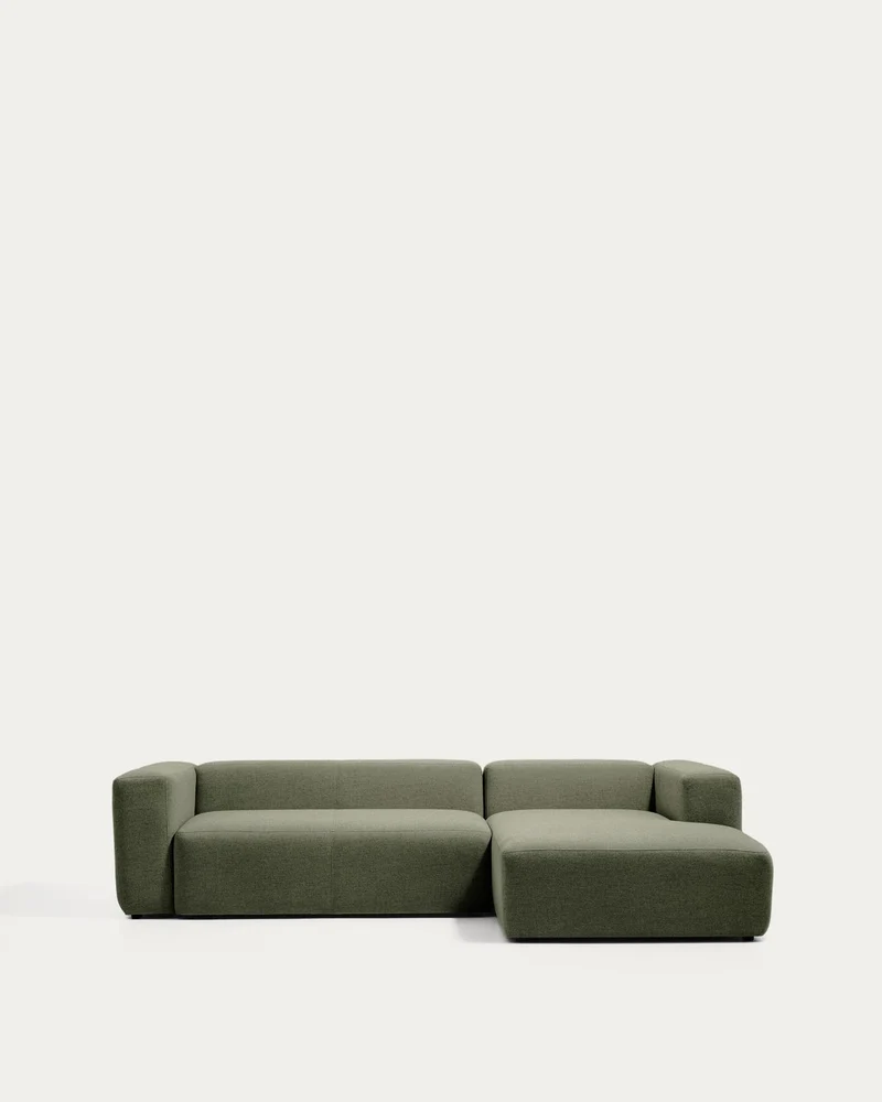 3-Sitzer-Sofa Blok mit Chaiselongue rechts in moosgrüner Chenille, 300 cm, FSC Mix Credit