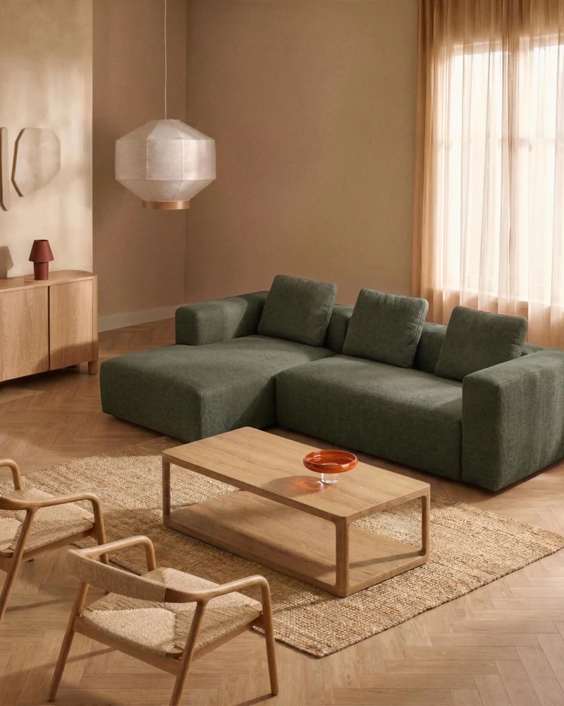 3-Sitzer-Sofa Blok mit Chaiselongue rechts in moosgrüner Chenille, 300 cm, FSC Mix Credit