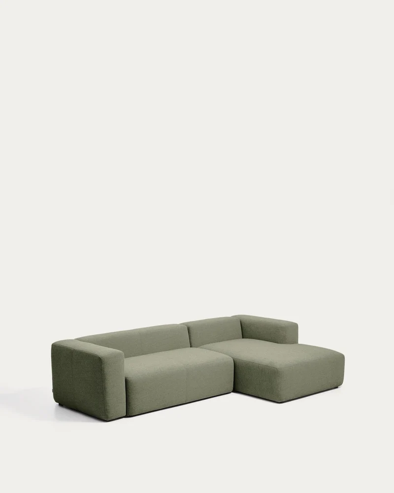 3-Sitzer-Sofa Blok mit Chaiselongue rechts in moosgrüner Chenille, 300 cm, FSC Mix Credit