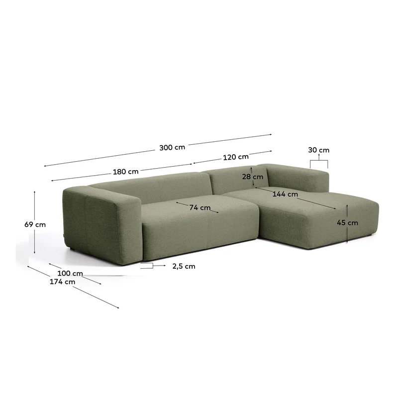 3-Sitzer-Sofa Blok mit Chaiselongue rechts in moosgrüner Chenille, 300 cm, FSC Mix Credit