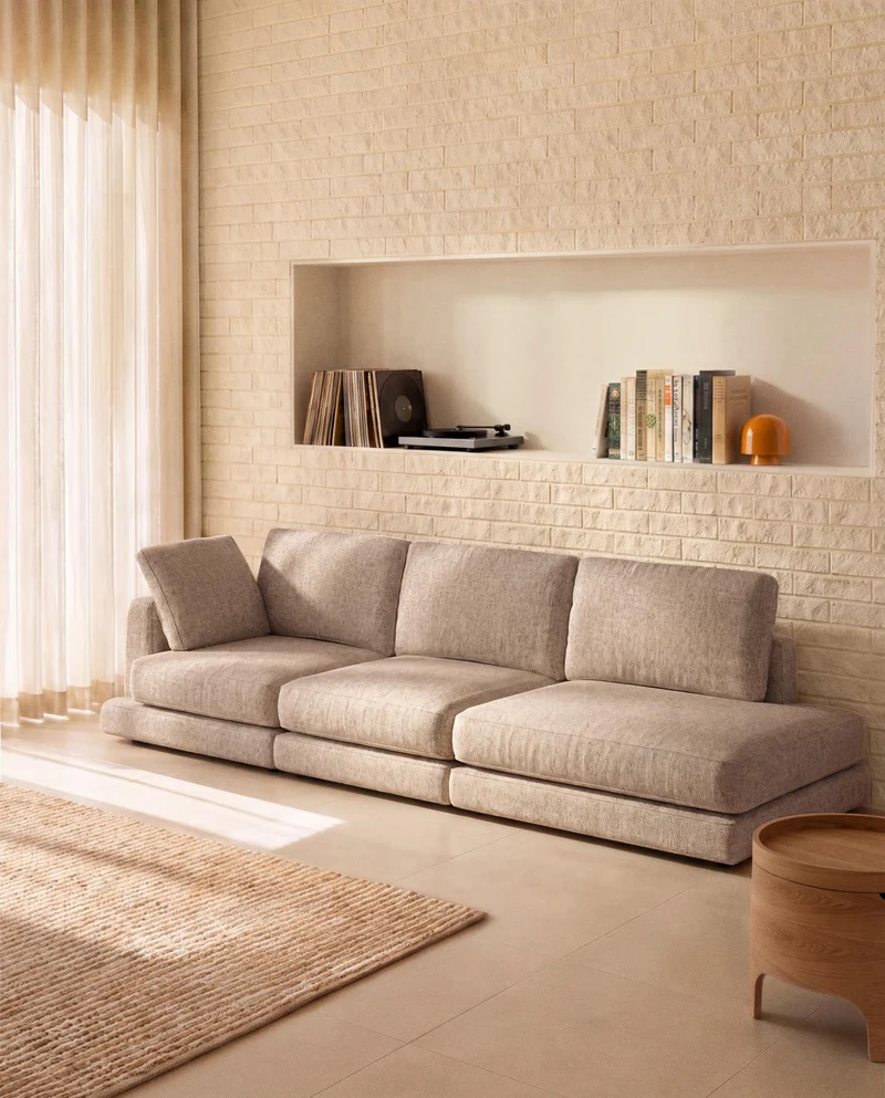 4-Sitzer-Modularsofa Gala mit Randmodul links aus beiger Chenille, FSC Mix Credit, 315 cm
