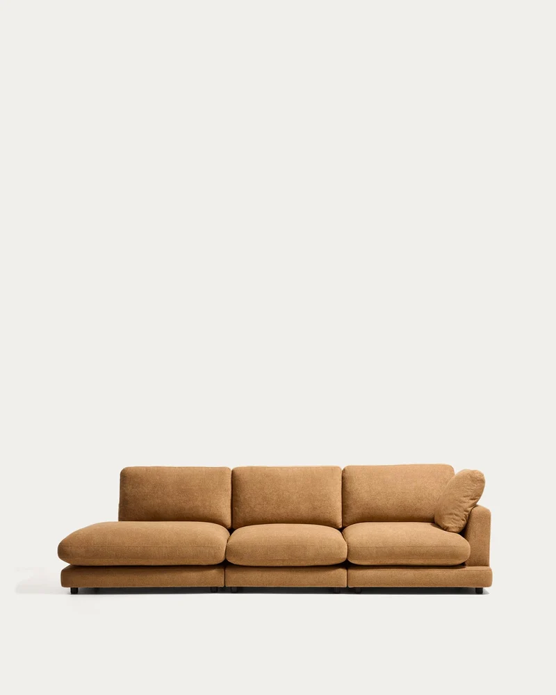 4-Sitzer-Modularsofa Gala mit Randmodul links aus senfgelbem Microbouclé, FSC Mix Credit,