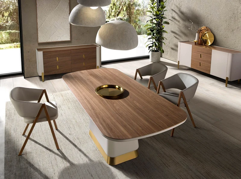 Credenza in noce, beige, acciaio lucido dorato e piano in noce