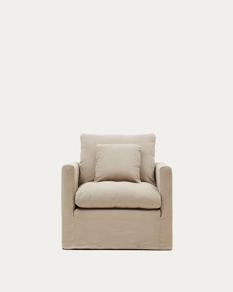 Nora Sessel mit abnehmbarem Bezug und Kissen aus Baumwolle und Leinen in Taupe 92 cm